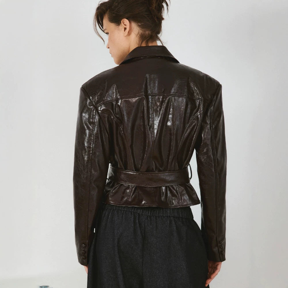 Women’s short blazer in patent leather look with waist belt and flowing lapel Amarae