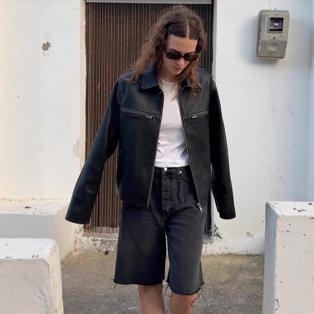 Women Boxy Faux Leather Jacket with Double Zipper and Chest Zippers Amarae