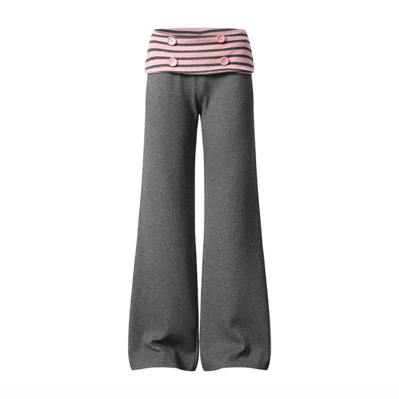 Women's Wide Loungewear Pants with Cuffable Striped Waistband and Decorative Buttons Amarae