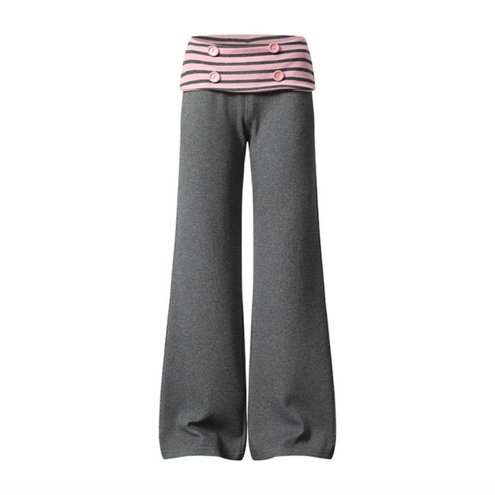 Women's Wide Loungewear Pants with Cuffable Striped Waistband and Decorative Buttons Amarae