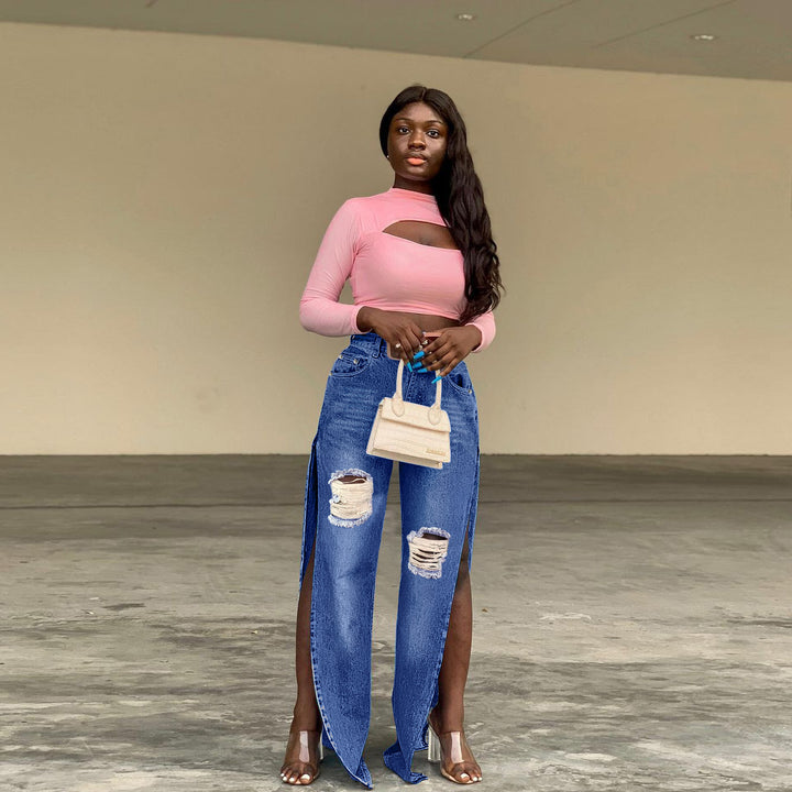 Ladies High-Waisted Wide-Leg Jeans with Knee Rips and Side Slits Amarae