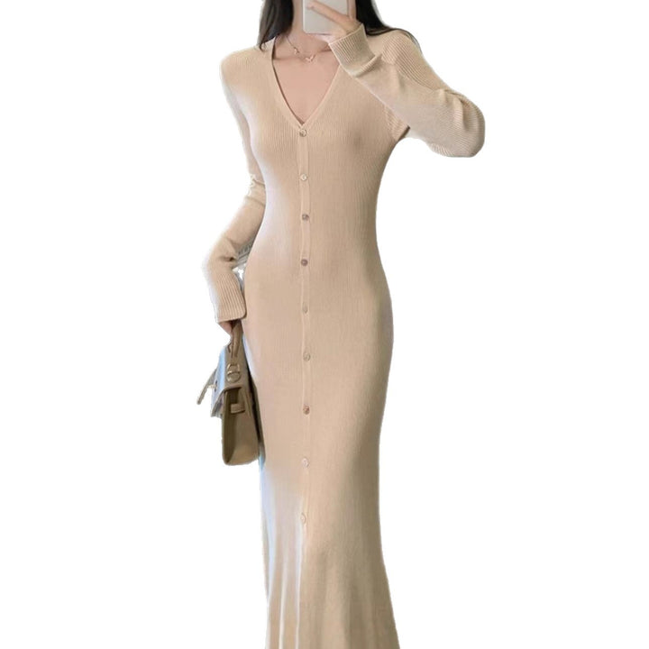 Ladies Elegant Maxi Dress with Button Details and Chic V Neckline and Style
