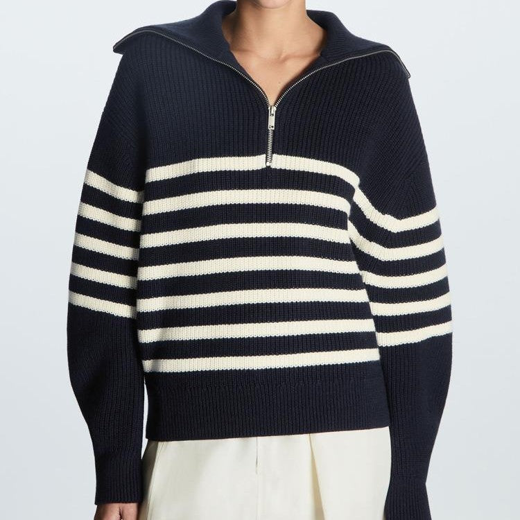 Fashion knit sweater for women with half zipper and striped design Lune London