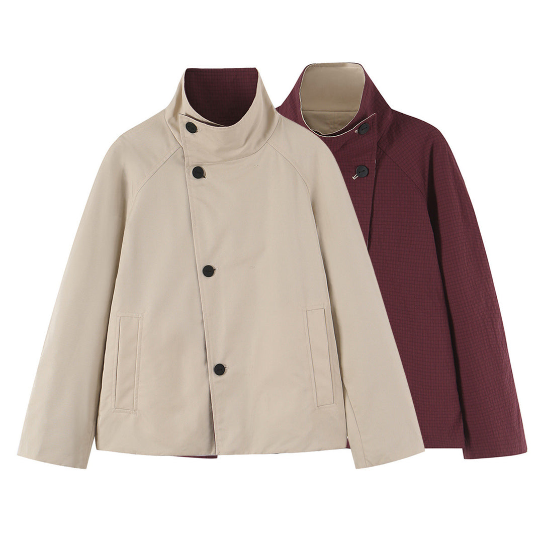 Women's short jacket with high stand-up collar and asymmetrical button placket Amarae