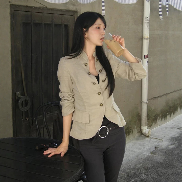 Women Tailored Linen Blazer with Stand-up Collar and Decorative Button Placket Amarae