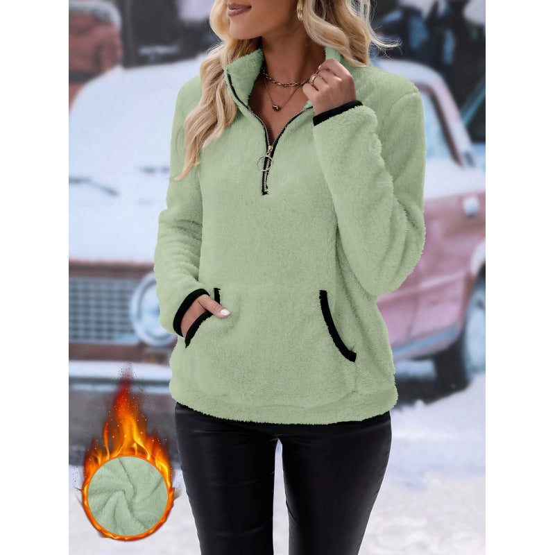Women's fluffy fleece cuddle pullover with half zipper, kangaroo pocket and stand-up collar Amarae