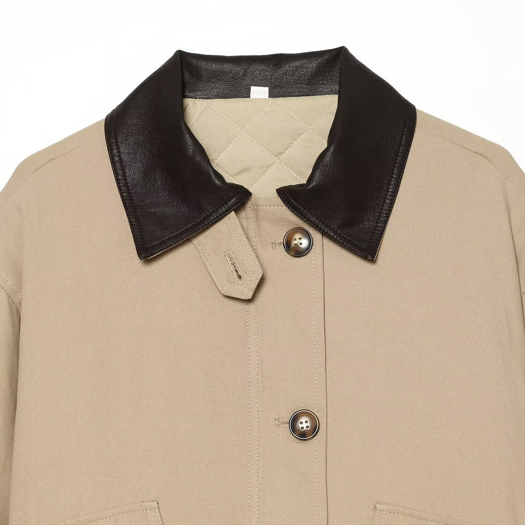 Women's Short Jacket with Contrasted Leather Collar and Cuffed Sleeves Amarae