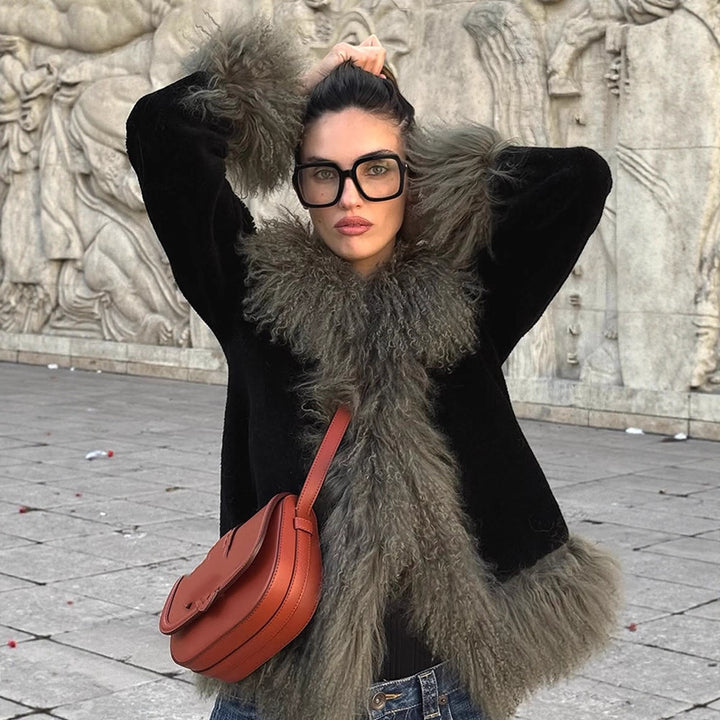 Women's short coat made of artificial fur with voluminous curl trim Amarae