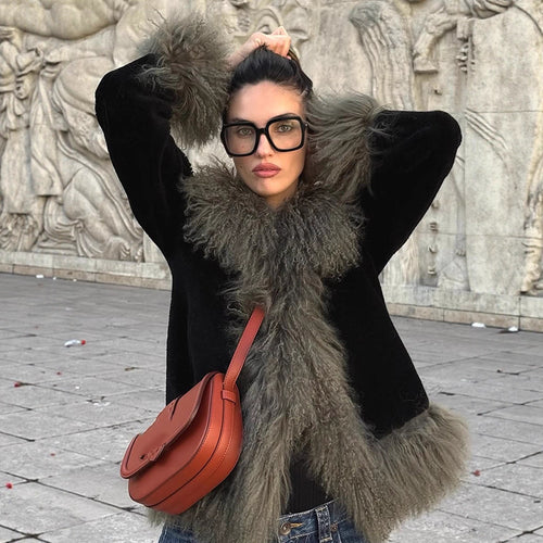 Women's short coat made of artificial fur with voluminous curl trim Amarae
