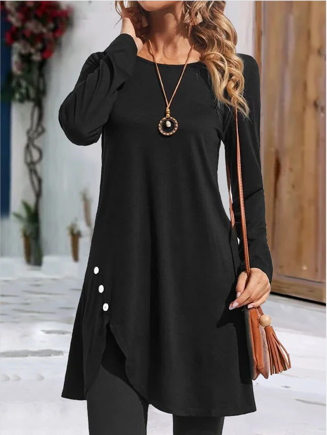 Ladies long tunic with long sleeves in fashion with playful button details Lune London