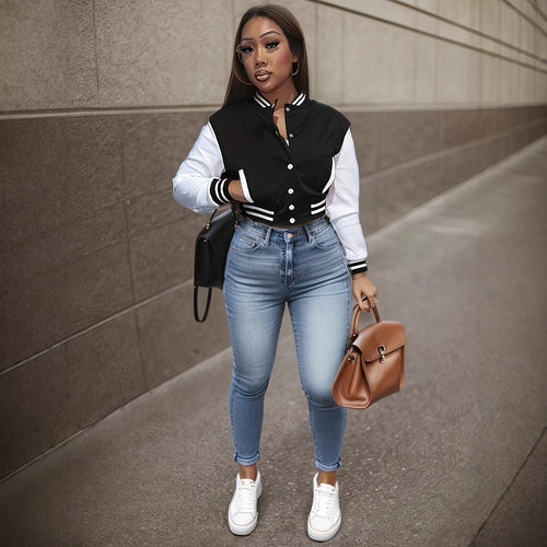 Women's college jacket with contrasting sleeves and a structured collar Amarae
