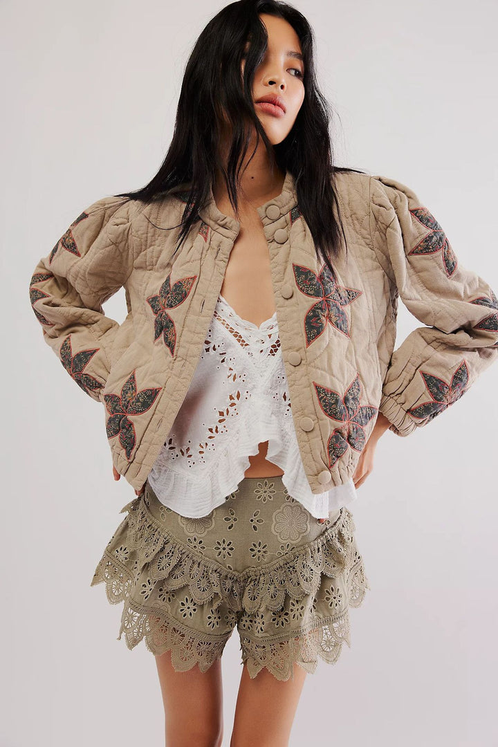 Lady quilted jacket with floral embroidery Lune London