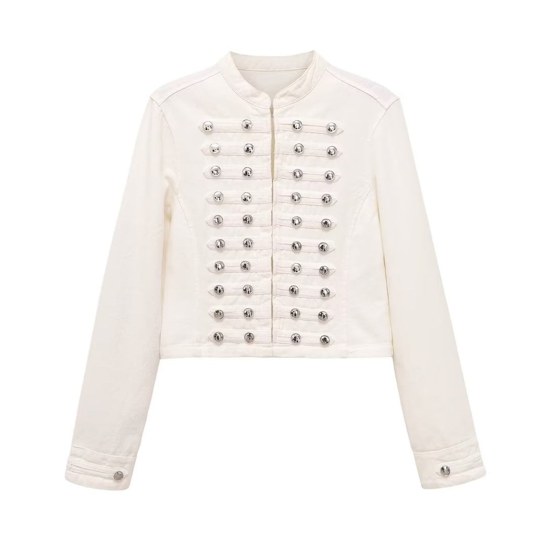 Women's military-style jeans jacket with stand-up collar and decorative button plackets Amarae