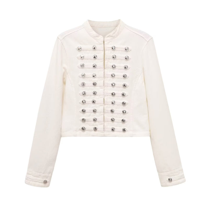 Women's military-style jeans jacket with stand-up collar and decorative button plackets Amarae