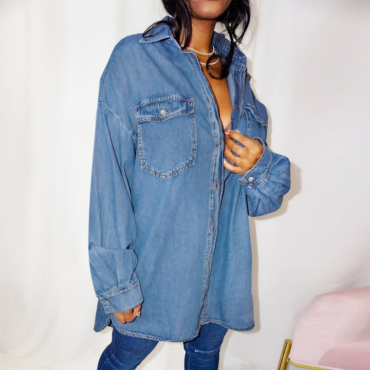 Women's Oversized Denim Shirt Jacket with Flap Pockets and Extended Cut Amarae