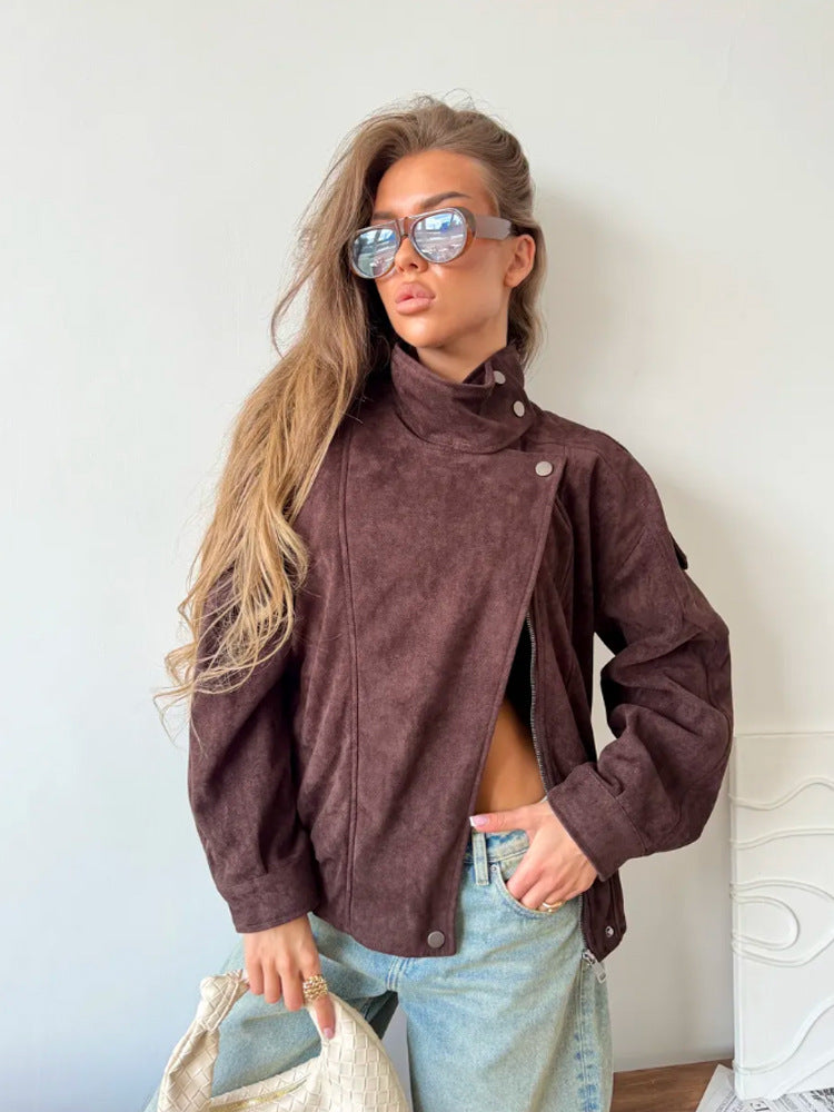 Women Oversize Suede-Look Biker Jacket with High Standing Collar Amarae