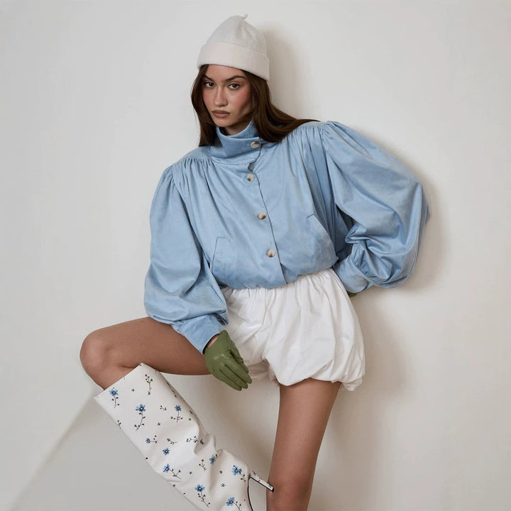 Women's short jacket with voluminous sleeves, drawstring waistband, and stand-up collar Amarae