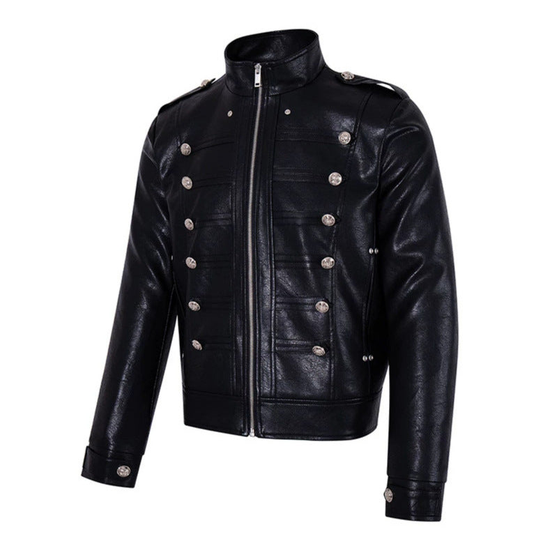 Men's military-inspired faux leather jacket with stand-up collar, decorative button row and shoulder pads Amarae