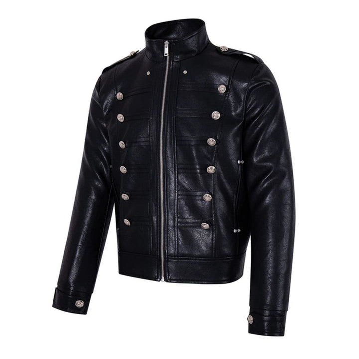 Men's military-inspired faux leather jacket with stand-up collar, decorative button row and shoulder pads Amarae