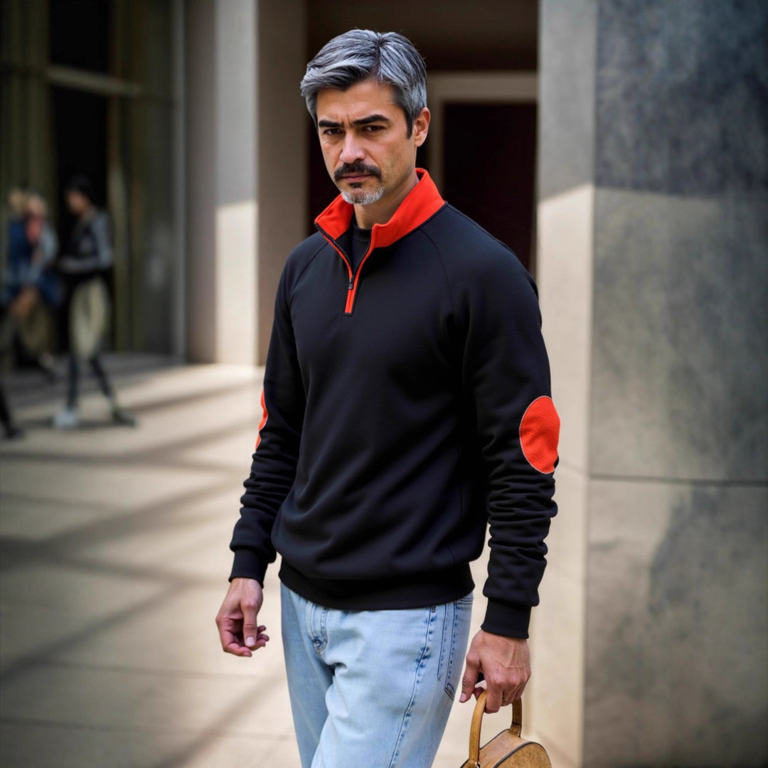 Sweat-mode sweater for men with functional zipper and contrasting elbow patches Lune London