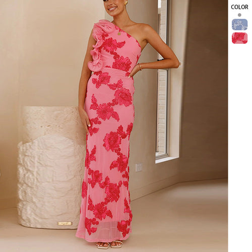 Women Elegant and form-fitting Maxi dress with asymmetrical strap and floral appliqués