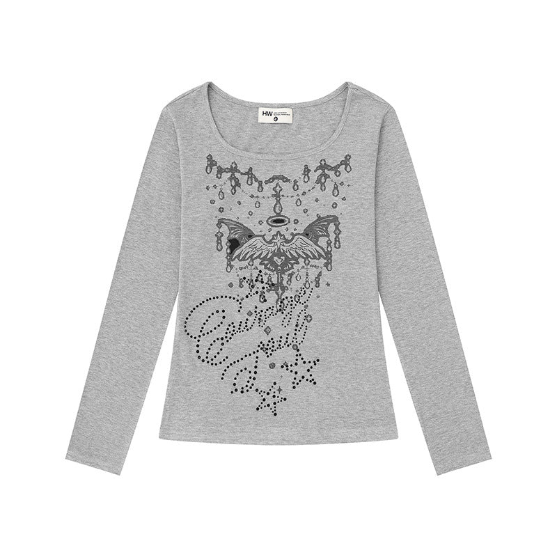 Women's long-sleeve shirt with round neckline, rhinestone print and angel motif Amarae