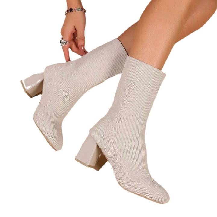 Knit ankle boots for women with transparent block heel and elastic shaft Lune London