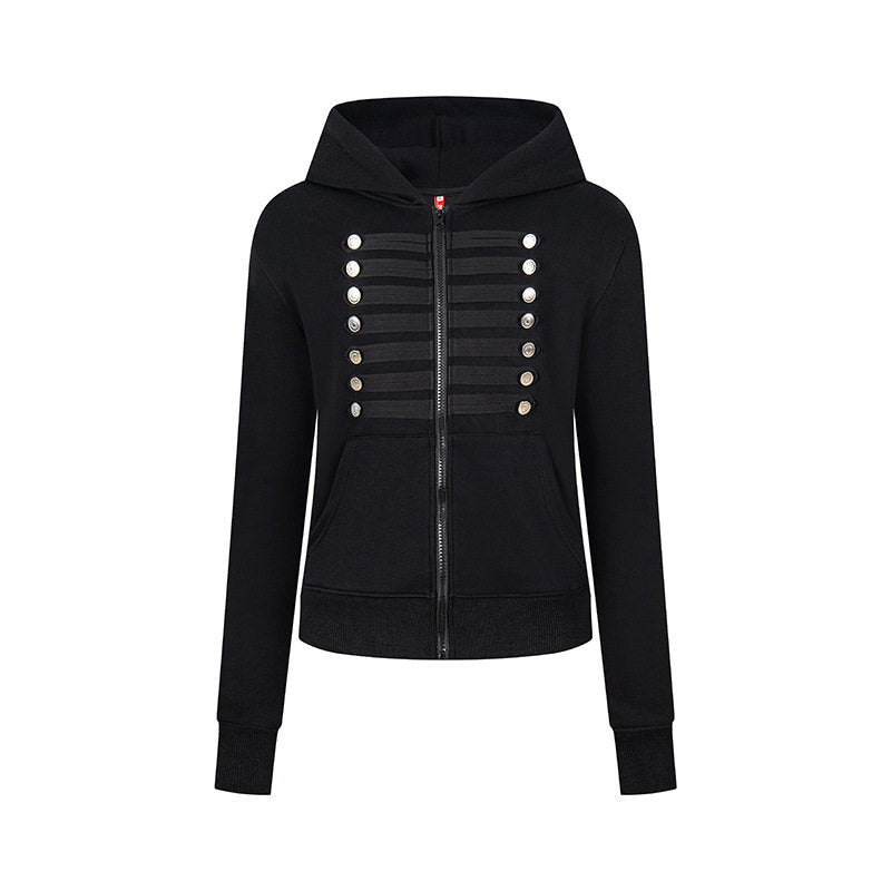 Women's hooded sweatshirt jacket with decorative military braid trim and decorative buttons Amarae