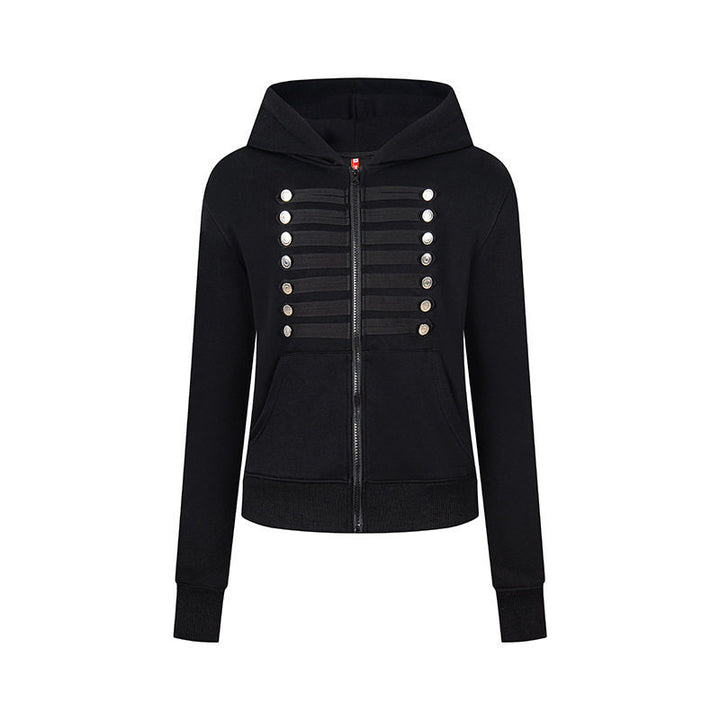 Women's hooded sweatshirt jacket with decorative military braid trim and decorative buttons Amarae