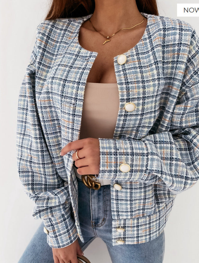 Trendy checkered knit jacket for women with single button closure Lune London
