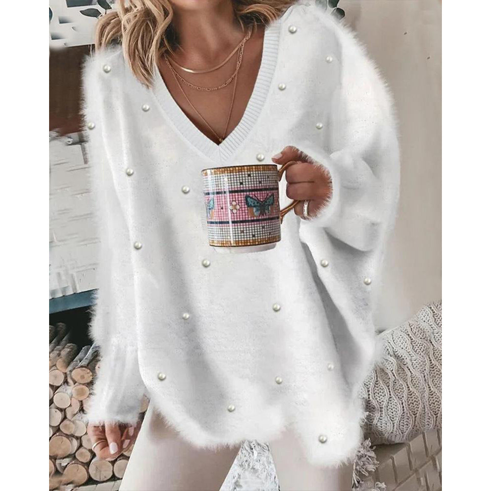 Oversized women's V-neck sweater with pearls Lune London