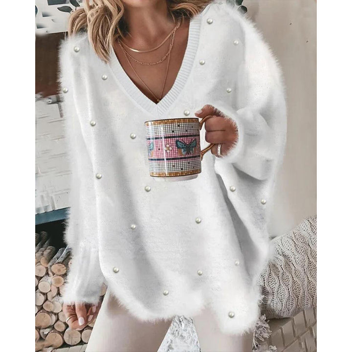 Oversized women's V-neck sweater with pearls Lune London