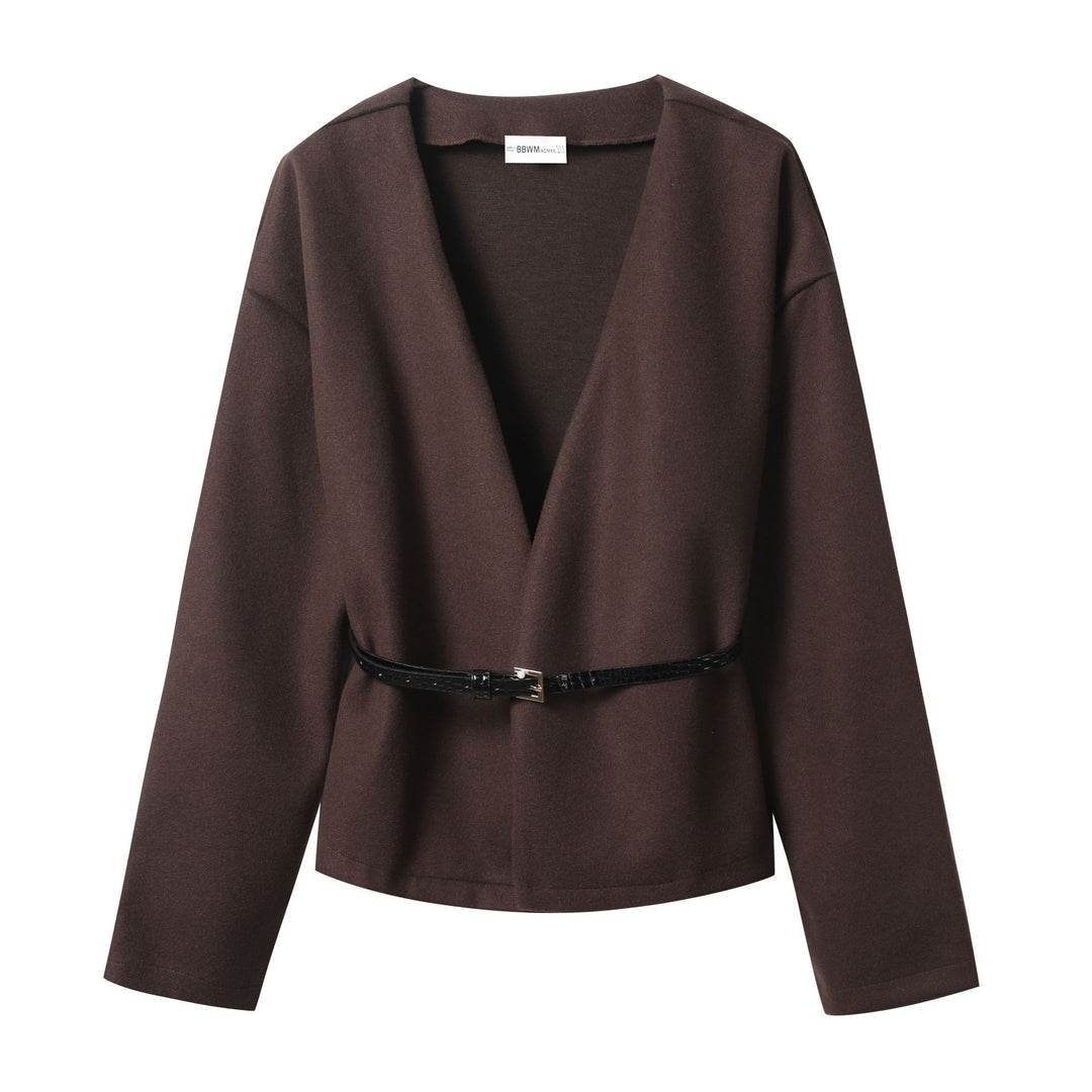 Women's short wrap coat made of wool blend with deep shawl collar and narrow waist belt Amarae