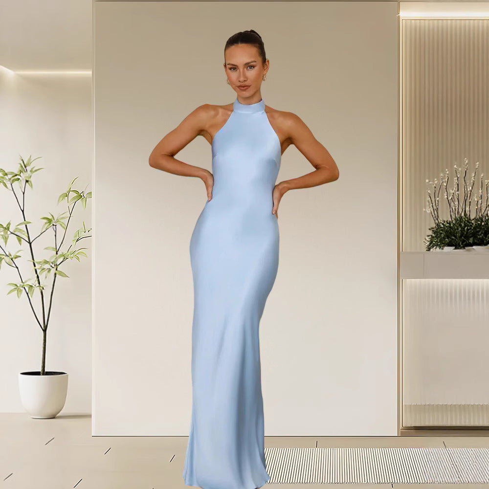 Ladies Elegant Maxi Dress with High Neck Design and Shimmering Satin Finish Lune London