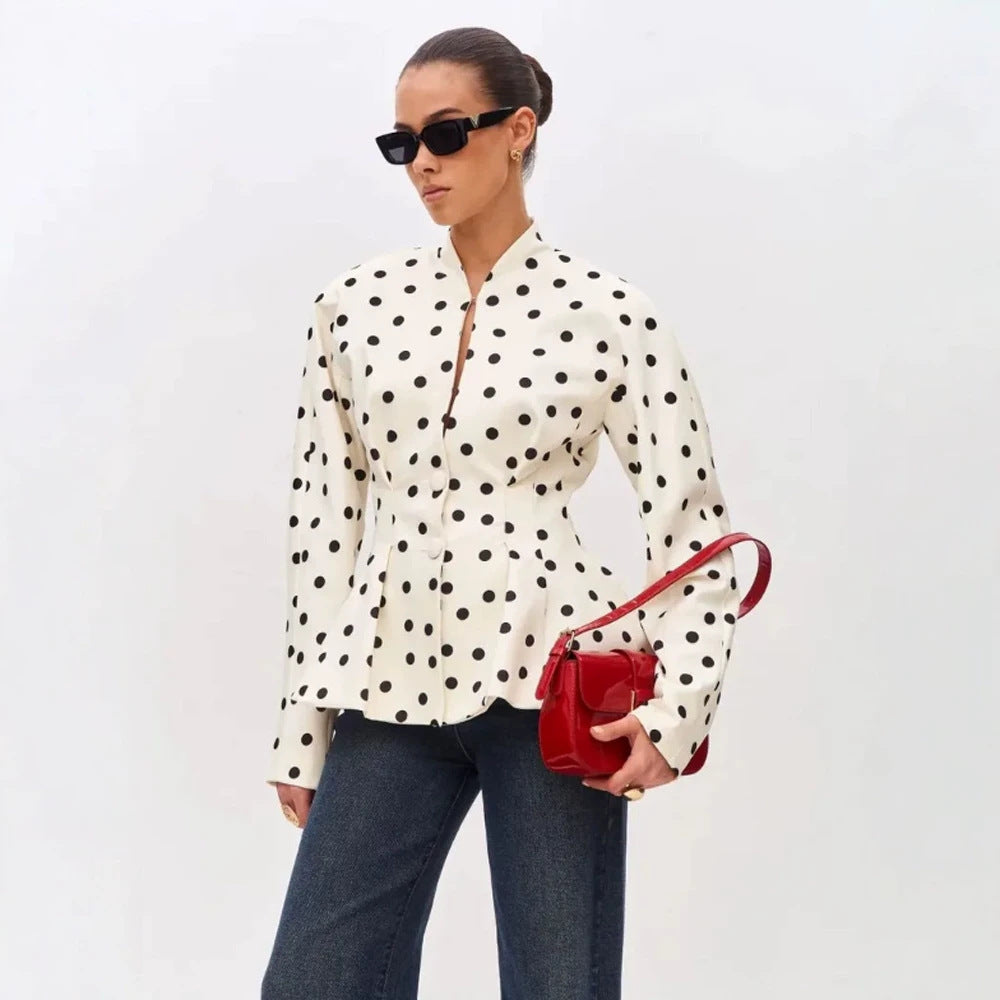 Women's Polka Dot Fitted Peplum Blouse with Stand-up Collar and Concealed Button Placket Amarae