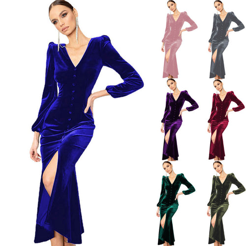 Maxi velvet dress for women with deep V-neckline and button details Amarae
