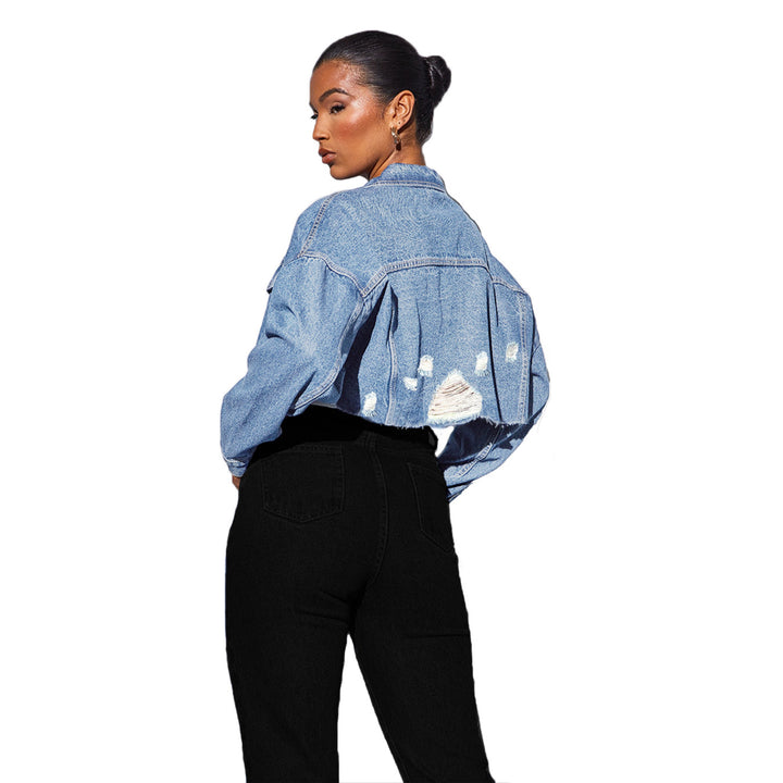 Women's cropped denim jacket with raw hem, wide sleeves, and boxy fit Amarae