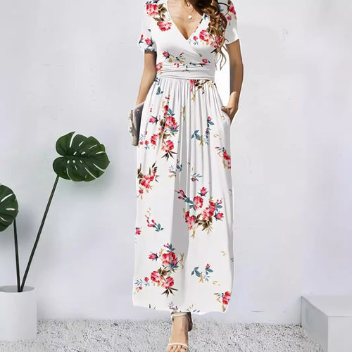 Maxi dress for women with deep V-neck and floral design Amarae