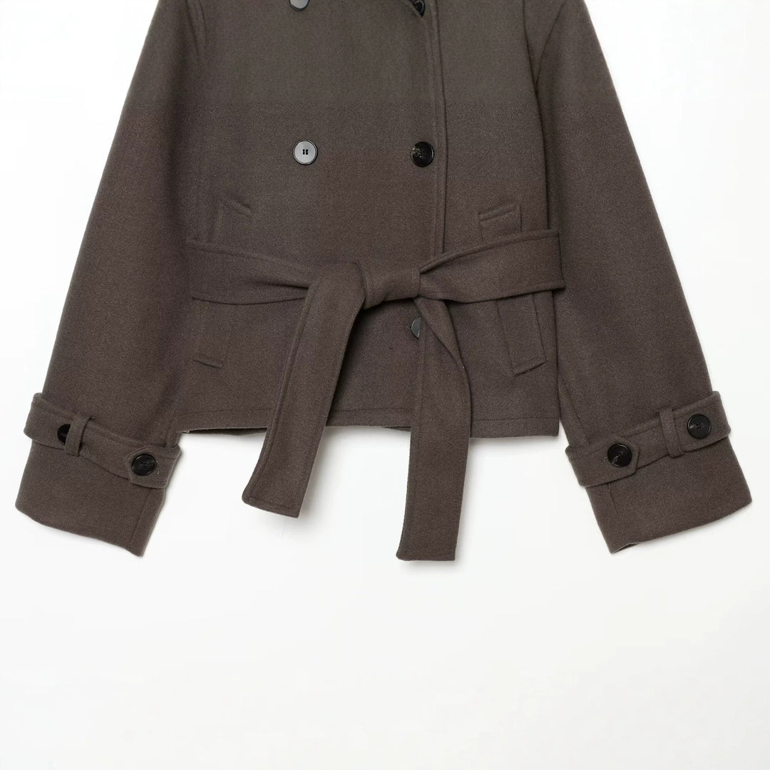 Ladies short cape jacket made of wool blend with high standing collar, double-breasted and tie belt Amarae