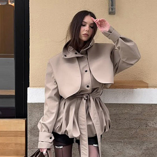 Women's Sculptural Boxy Blouson with High Stand-Up Collar and Gathered Volume Hem Amarae