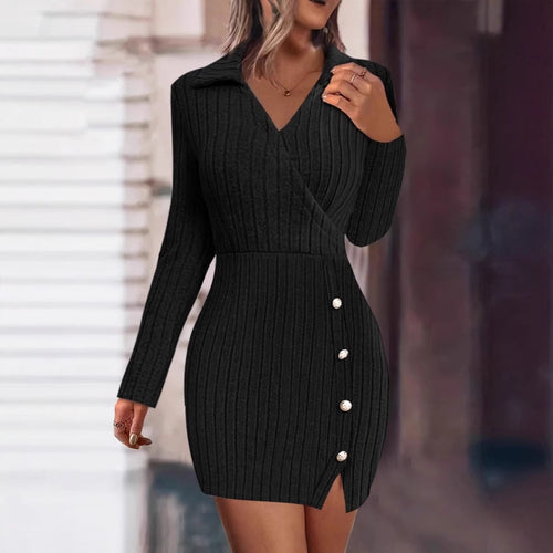 Wrap neckline knitted dress for women with elegant buttons Amarae