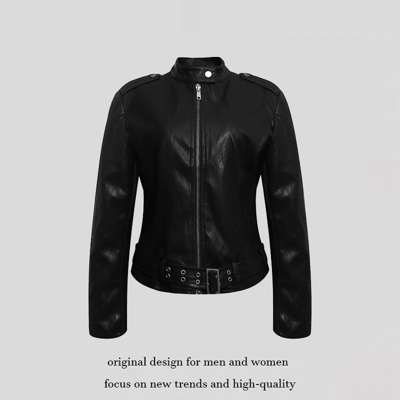 Women's Fitted Leather-Look Jacket with Stand-Up Collar, Epaulettes, and Waist Belt Amarae