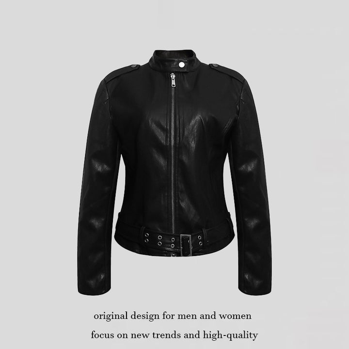 Women's Fitted Leather-Look Jacket with Stand-Up Collar, Epaulettes, and Waist Belt Amarae