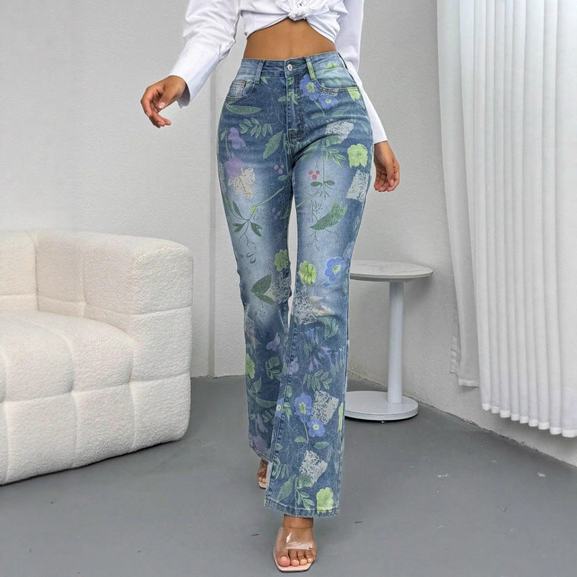 Women's High-Waisted Straight Jeans with Floral Allover Print and Slight Flare Amarae