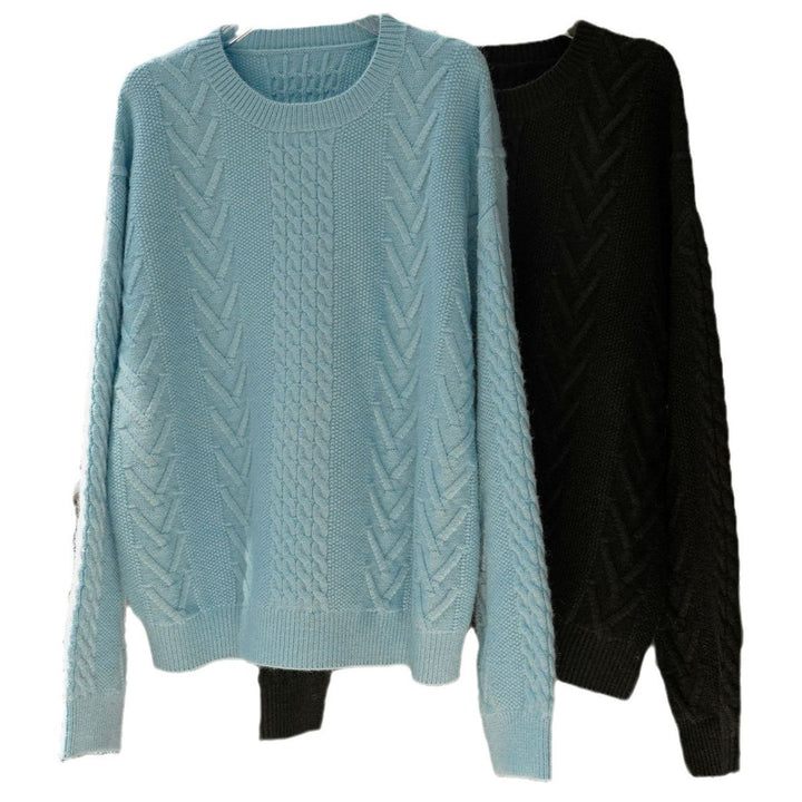 Women chunky knit boxy sweater with cable pattern, balloon sleeves and ribbed hem Amarae
