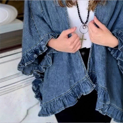 Women Oversized Jeans Kimono with Ruffle Edge and Open Fall Amarae