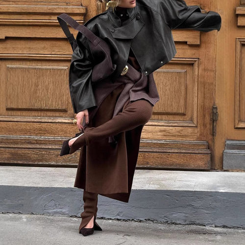 Ladies Elegant Leather Jacket with Textured Design and Asymmetrical Cut Amarae