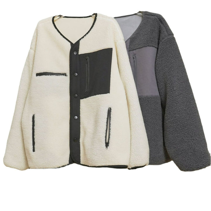 Women's Padded Teddy Fleece Jacket with Contrasting Front Panel and Patch Pockets Amarae