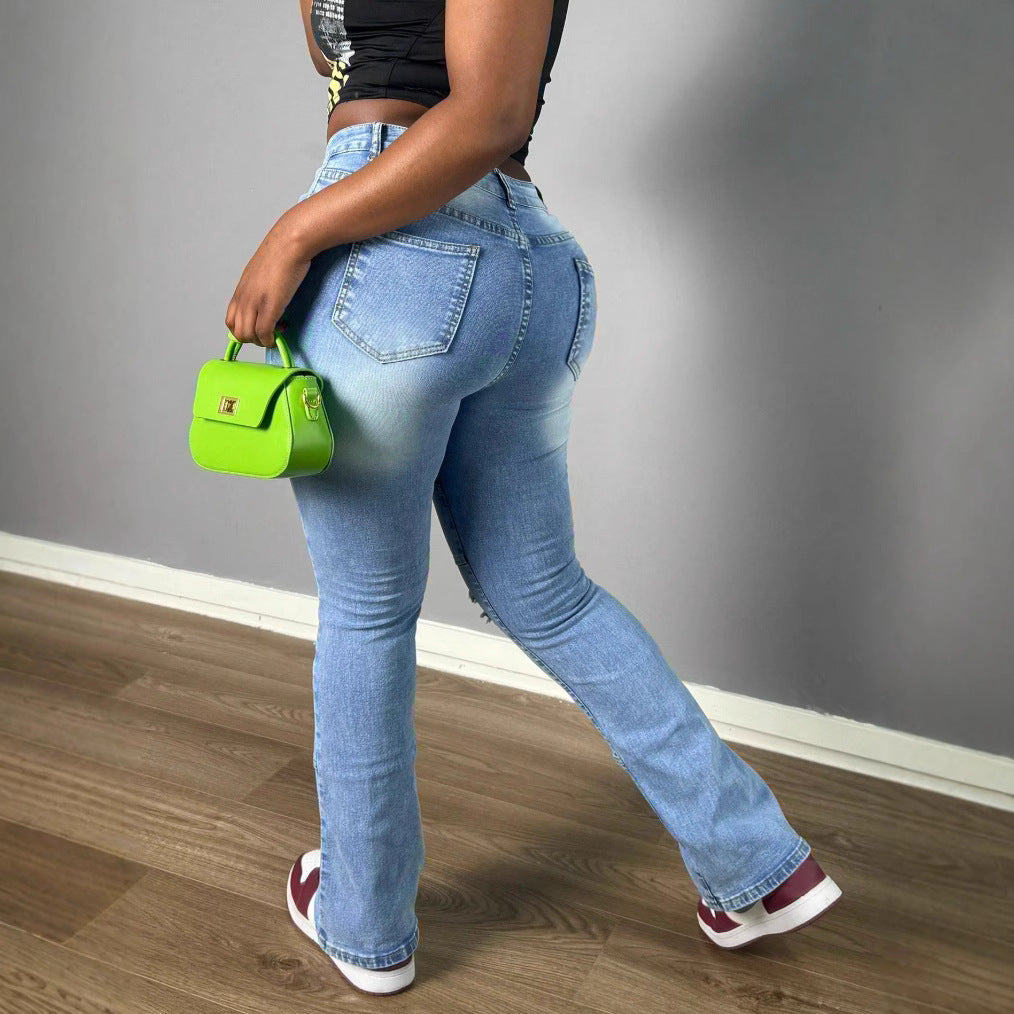 Women's jeans pants with high waist, straight leg, knee ribs and panel seams Amarae