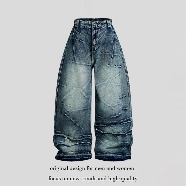 Women wide-cut high-waisted denim culotte pants with used effect and abrasion effects Amarae